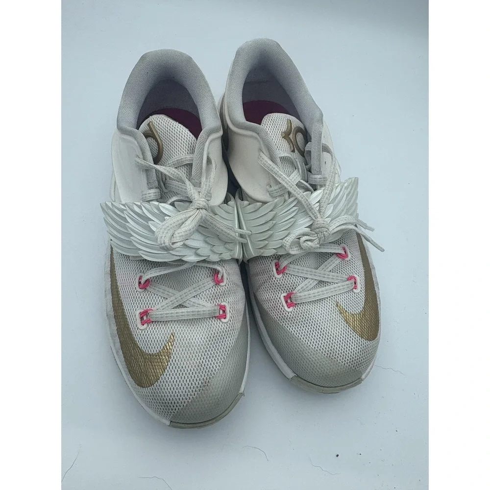 Nike KD 7 Aunt Pearl Shoes Boys Size‎ 5Y White Gold Pink Basketball 745407-176